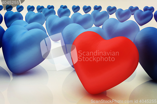 Image of One red heart standing out in crowd . 3D illustration. Vintage s