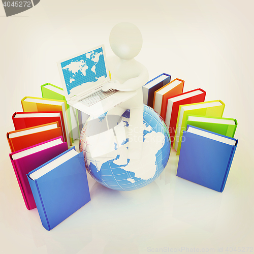 Image of 3d man sitting on earth and working at his laptop and books arou
