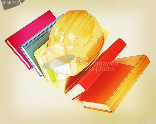 Image of Colorful books and hard hat . 3D illustration. Vintage style.