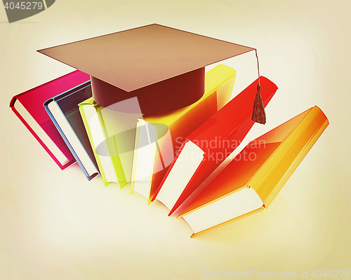 Image of Colorful books and graduation hat . 3D illustration. Vintage sty