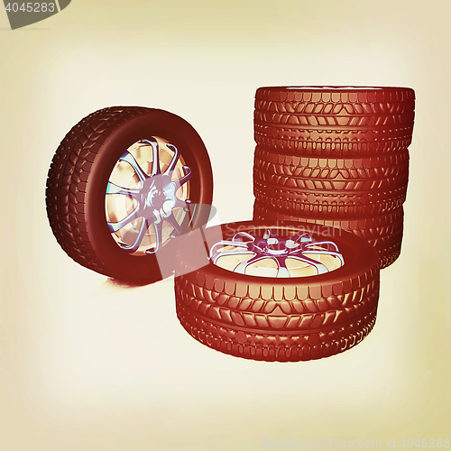 Image of car wheel. 3D illustration. Vintage style.