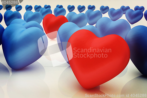 Image of One red heart standing out in crowd . 3D illustration. Vintage s