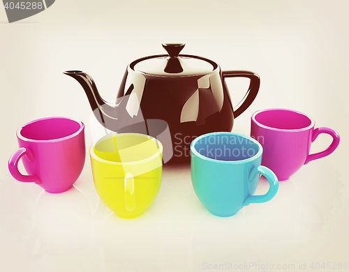 Image of colorfall cups and teapot. 3D illustration. Vintage style.