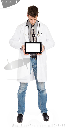 Image of Doctor holding tablet with copy space and clipping path for the 