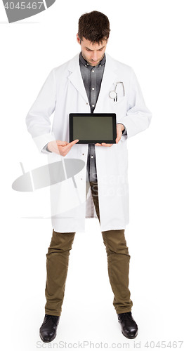 Image of Doctor holding tablet with copy space and clipping path for the 