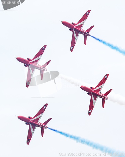 Image of LEEUWARDEN, THE NETHERLANDS - JUNE 10, 2016: RAF Red Arrows perf