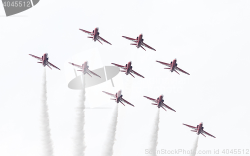 Image of LEEUWARDEN, THE NETHERLANDS - JUNE 10, 2016: RAF Red Arrows perf