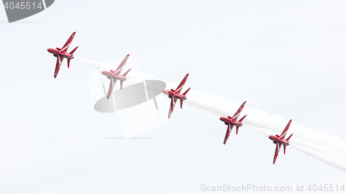 Image of LEEUWARDEN, THE NETHERLANDS - JUNE 10, 2016: RAF Red Arrows perf