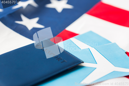 Image of american flag, passport and air tickets