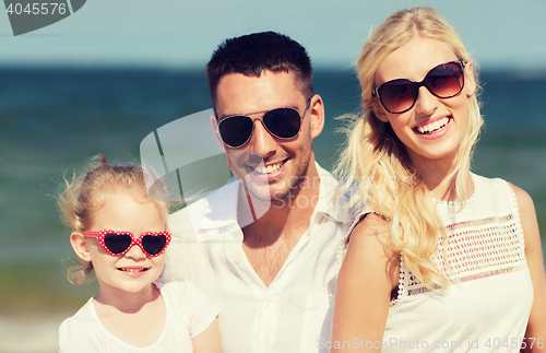 Image of happy family in sunglasses on summer beach