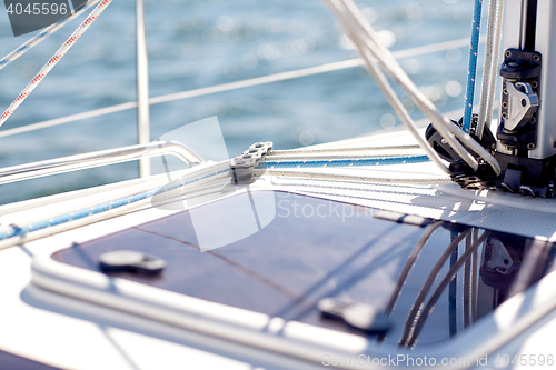 Image of close up of sailboat or yacht hatch sailing in sea