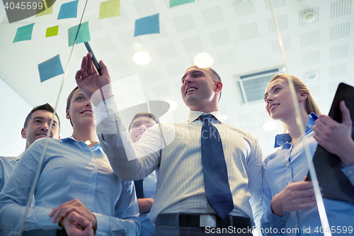 Image of smiling business people with marker and stickers