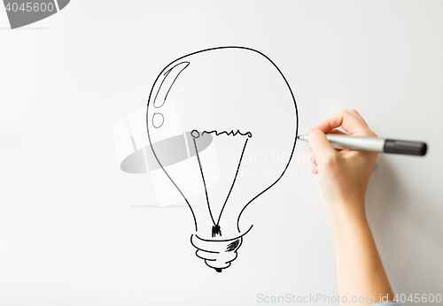 Image of close up of hand drawing light bulb on white board