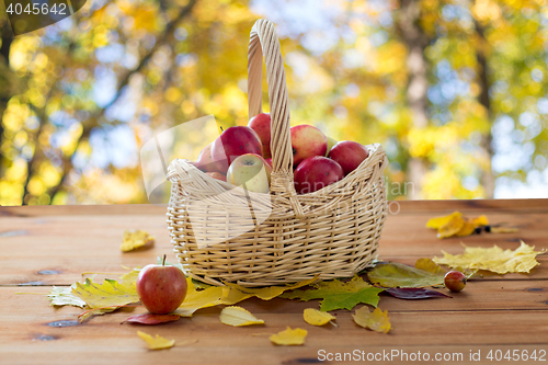 Image of close up of basket with apples on wooden table