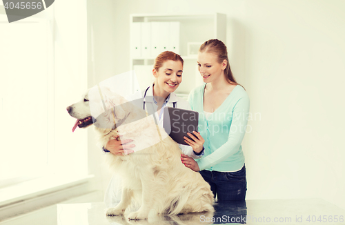 Image of happy woman with dog and doctor at vet clinic