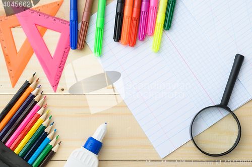 Image of School stationery with notebook copyspace