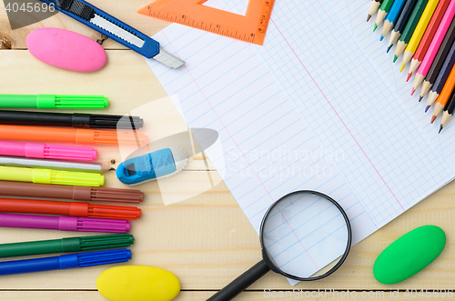 Image of School stationery with notebook copyspace