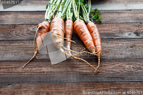 Image of Raw carrot with green leaves on wooden background