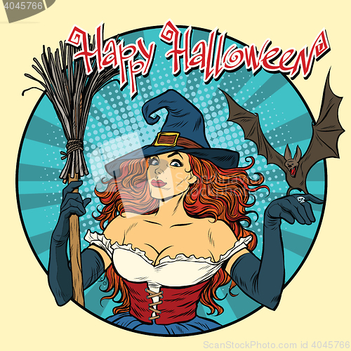 Image of Happy Halloween beautiful witch and bat