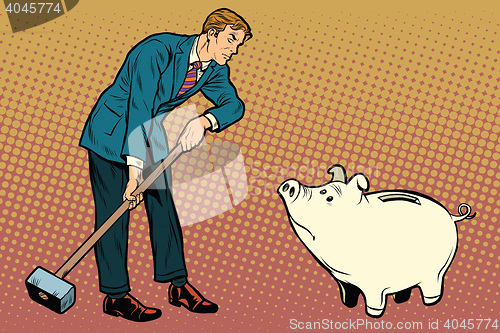 Image of Retro businessman wants to break the cute piggy Bank