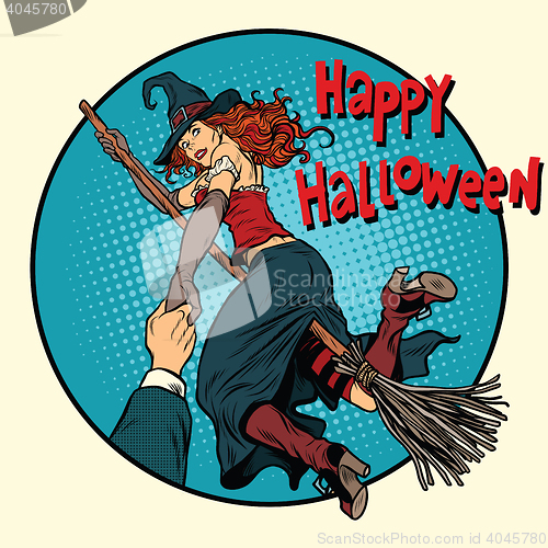 Image of Happy Halloween witch on a broomstick follow me