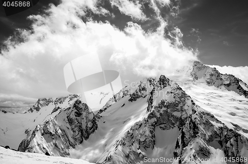 Image of Black and white view on ski resort in snow winter