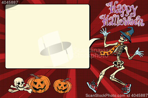 Image of Happy Halloween funny skeleton invites you to a party