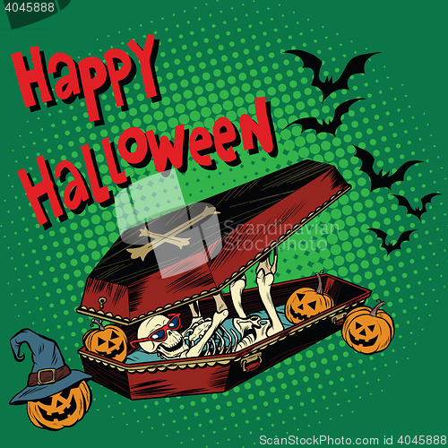 Image of Happy Halloween holiday, coffin skeleton evil pumpkin