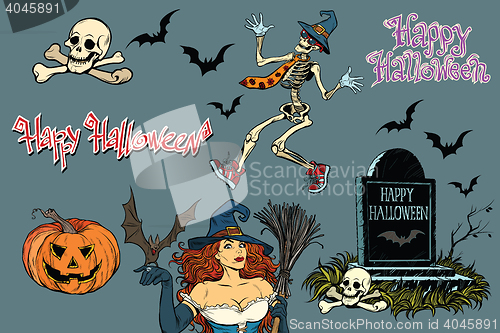 Image of Happy Halloween a collection of characters. Stickers skeleton, g