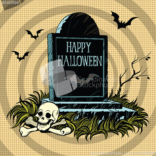 Image of Happy Halloween grave tombstone cemetery skull and bones