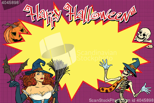 Image of Happy Halloween background with witch, skeleton and pumpkin