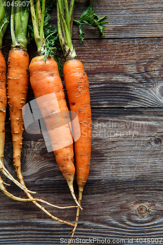 Image of Raw carrot with green leaves on wooden background