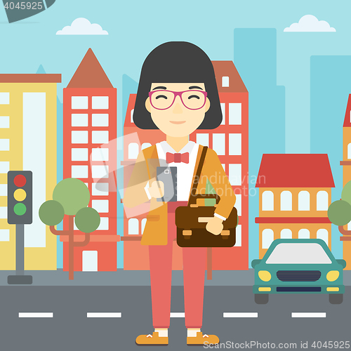 Image of Woman using smartphone vector illustration.