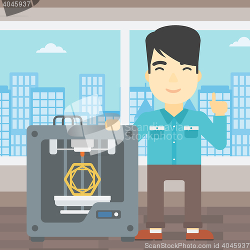 Image of Man with three D printer vector illustration.