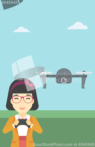 Image of Woman flying drone vector illustration.