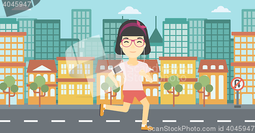 Image of Woman running with earphones and smartphone.