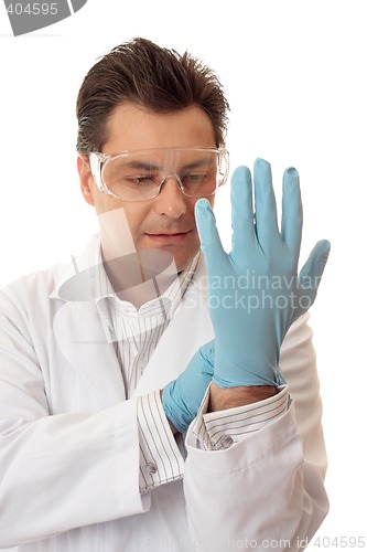 Image of Doctor or scientist putting on nitrile safety gloves