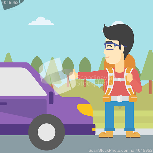 Image of Young man hitchhiking vector illustration.