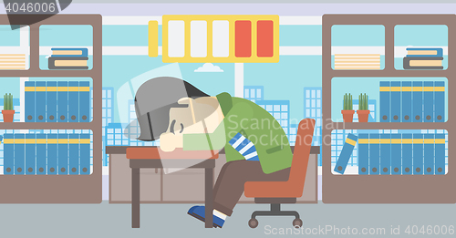 Image of Man sleeping at workplace vector illustration.