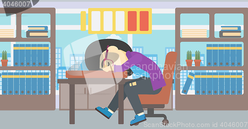 Image of Woman sleeping at workplace vector illustration.