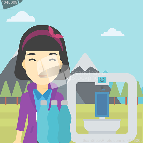 Image of Woman with three D printer vector illustration.