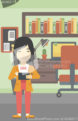 Image of Woman using tablet computer vector illustration.