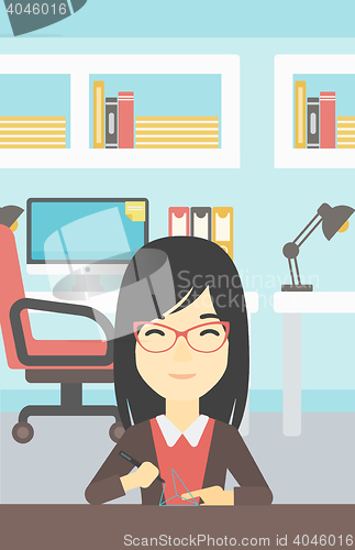 Image of Woman using three D pen vector illustration.