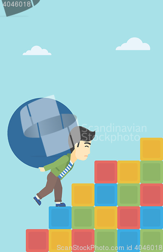 Image of Man carrying concrete ball uphill.