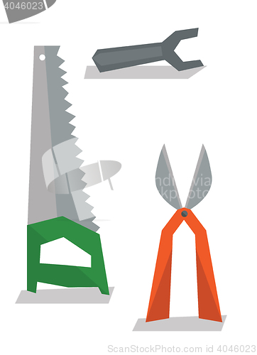 Image of Saw, pruner and wrench vector illustration.