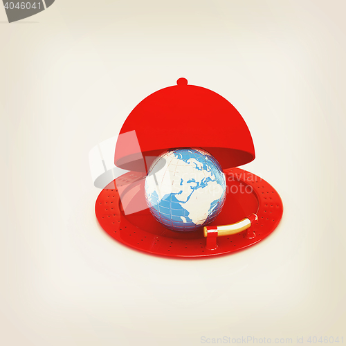 Image of Earth globe on glossy silver dish under food cover. 3D illustrat