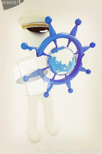 Image of Sailor with steering wheel and earth. Trip around the world conc