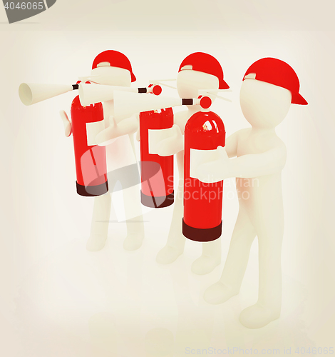Image of 3d mans with red fire extinguisher . 3D illustration. Vintage st