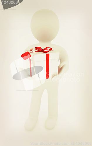 Image of 3d man and gift with red ribbon. 3D illustration. Vintage style.