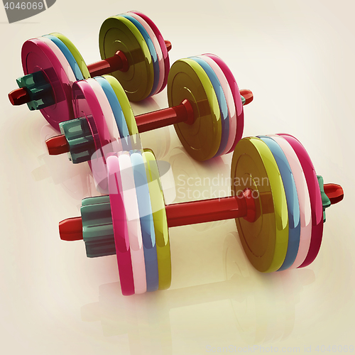 Image of Colorful dumbbells on a white background. 3D illustration. Vinta